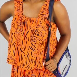 Size Large, orange and navy blue tiger print tank